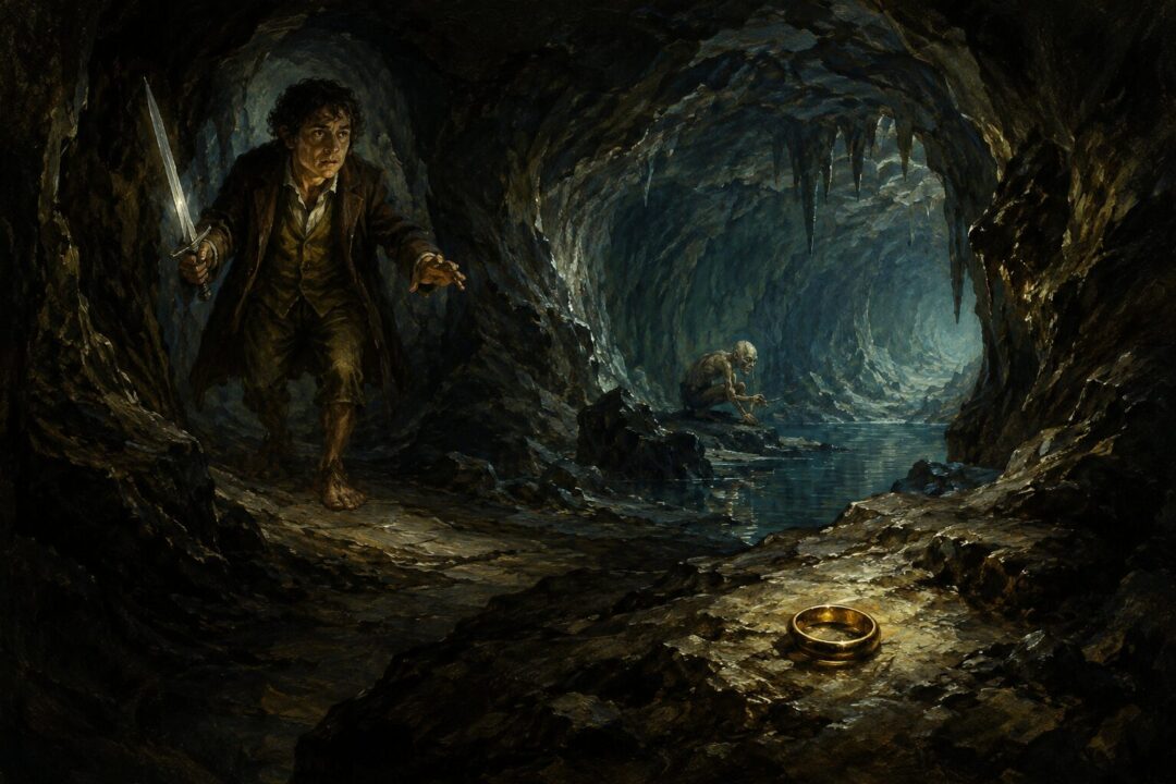 Bilbo approaching the One Ring lying on stone in a dark tunnel beneath the Misty Mountains