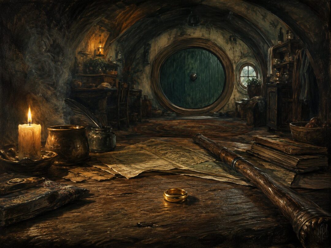 The One Ring rests on a wooden table inside the warm domestic interior of Bag End.