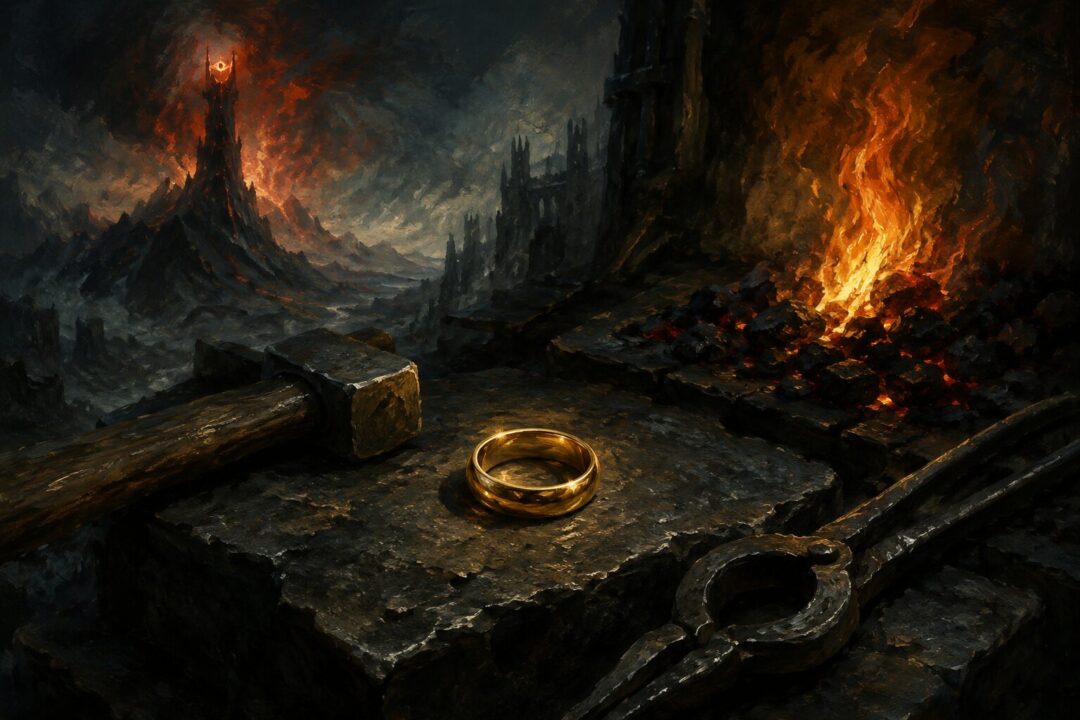 The One Ring resting on dark stone beside forge tools and a small flame that cannot harm it.