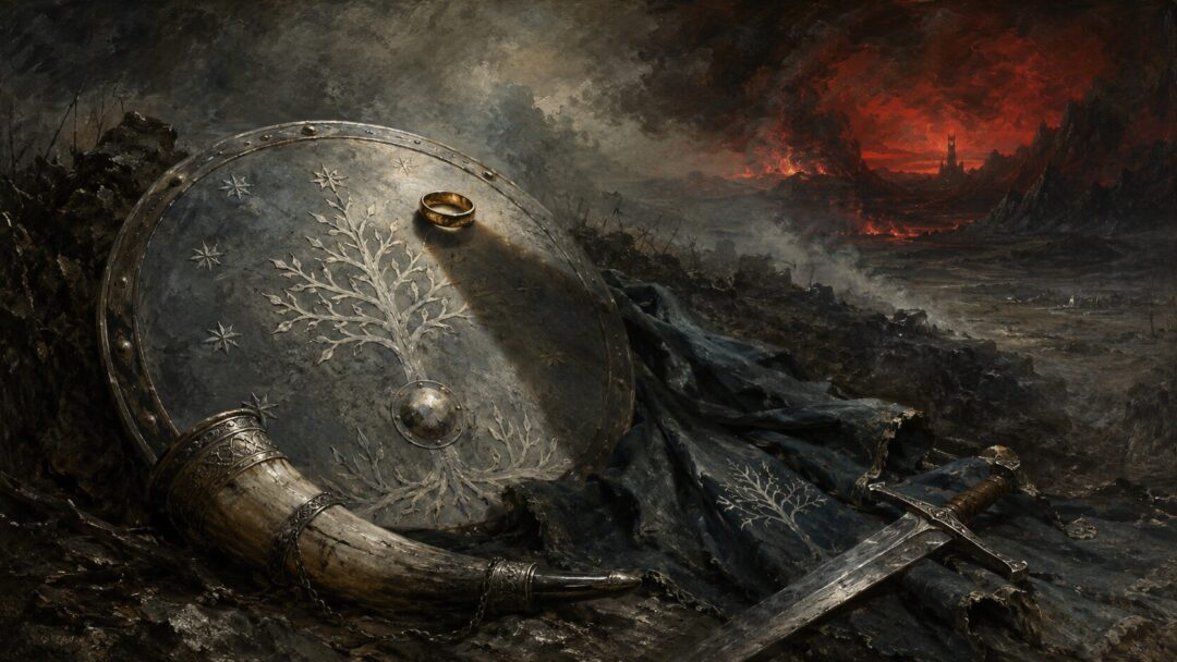 A symbolic Gondorian shield darkened by the shadow of the One Ring.