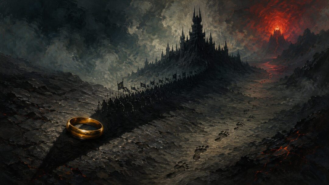A golden ring on volcanic stone casting a vast shadow of fortress and armies.