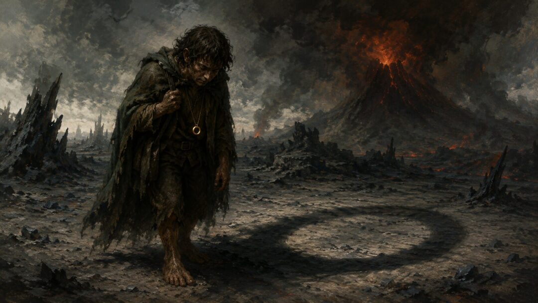 A small gold ring on a chain casting an immense shadow over ash-covered ground in Mordor.