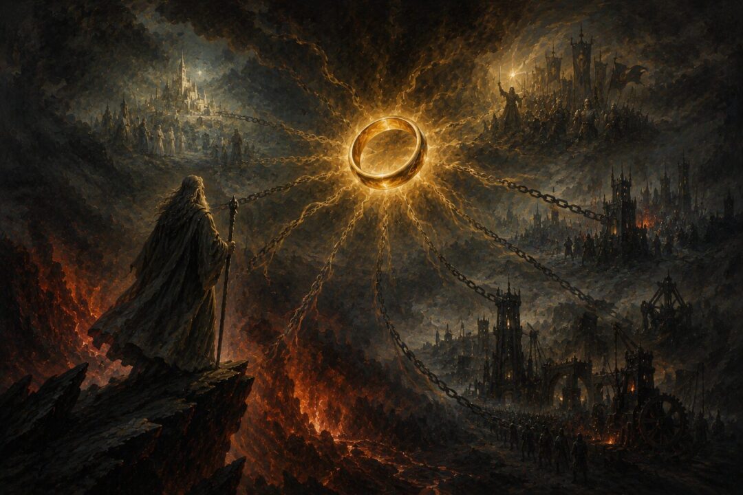 The One Ring offering Gandalf visions of victory and control within a dark symbolic landscape