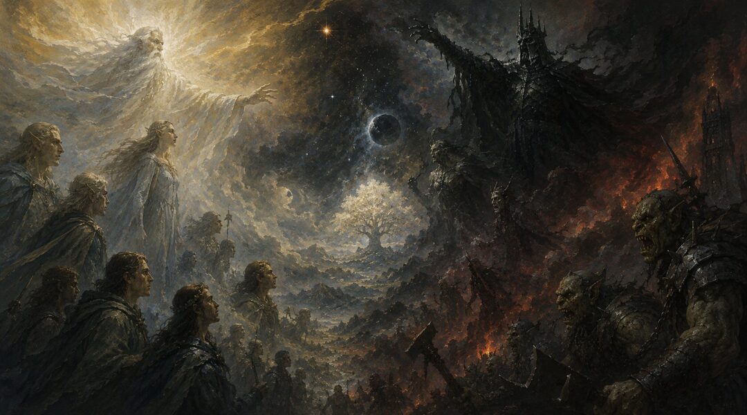 A lone Orc warrior standing between symbols of domination and distant moral possibility