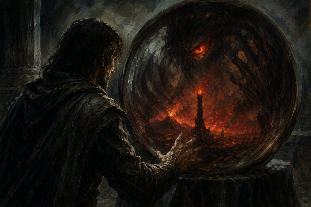 A dark palantír reflects Aragorn’s silhouette against the distant shadow and fire of Mordor.