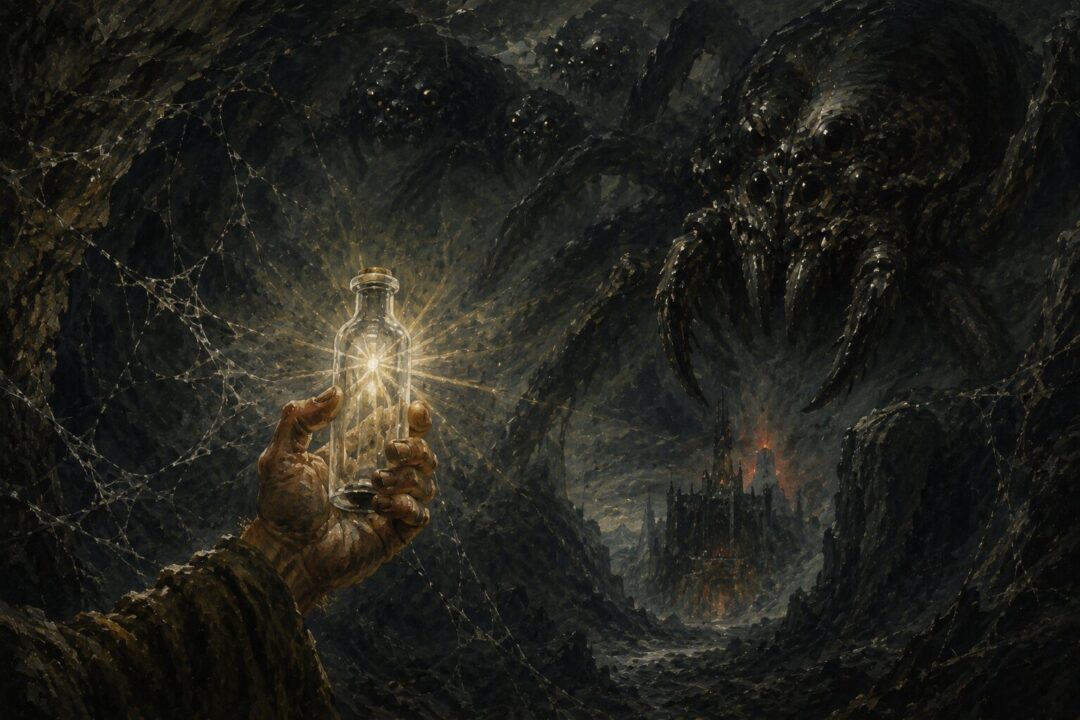A hobbit hand raises the Phial of Galadriel against symbolic shadows of Shelob and ancient darkness.