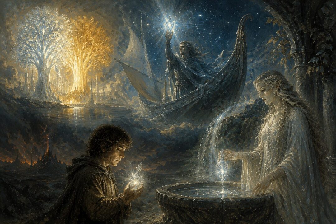 Frodo holds the pale Phial of Galadriel near the Cracks of Doom.