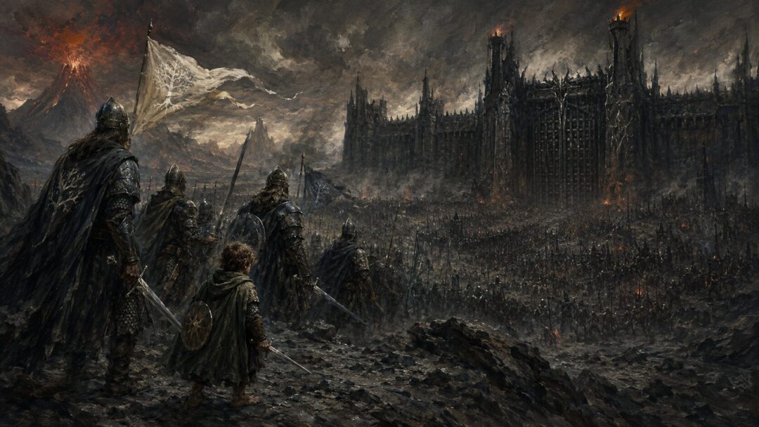 Pippin stands with the Army of the West before the Black Gate as part of the final diversion against Sauron.