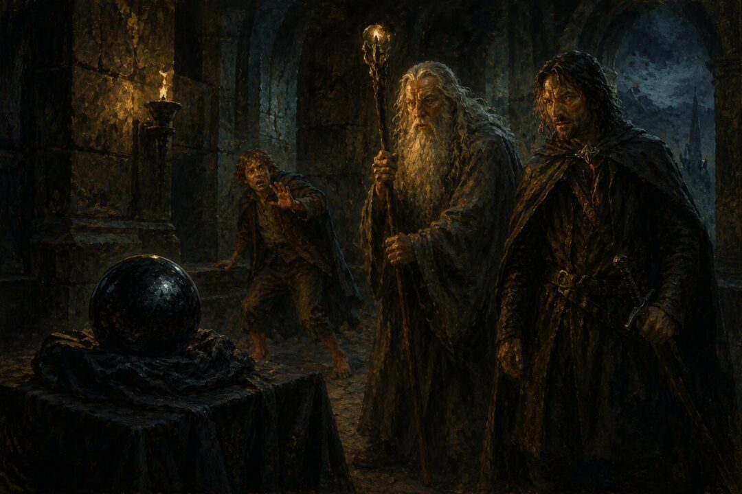 Pippin recoils from the Orthanc-stone while Gandalf and Aragorn stand nearby in dim torchlight.