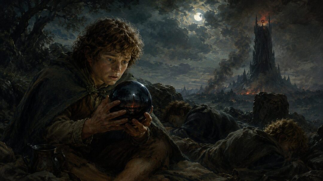 Pippin secretly holds the Orthanc-stone at night, frightened and fascinated by the ancient palantir.
