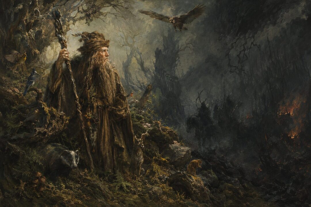 Radagast stands alone among birds and animals in a forest while distant fires of war glow beyond the trees.