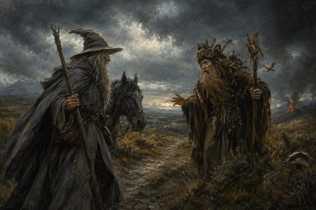 Radagast the Brown stands near Rhosgobel at the edge of Mirkwood surrounded by birds, animals, herbs, and darkening trees.