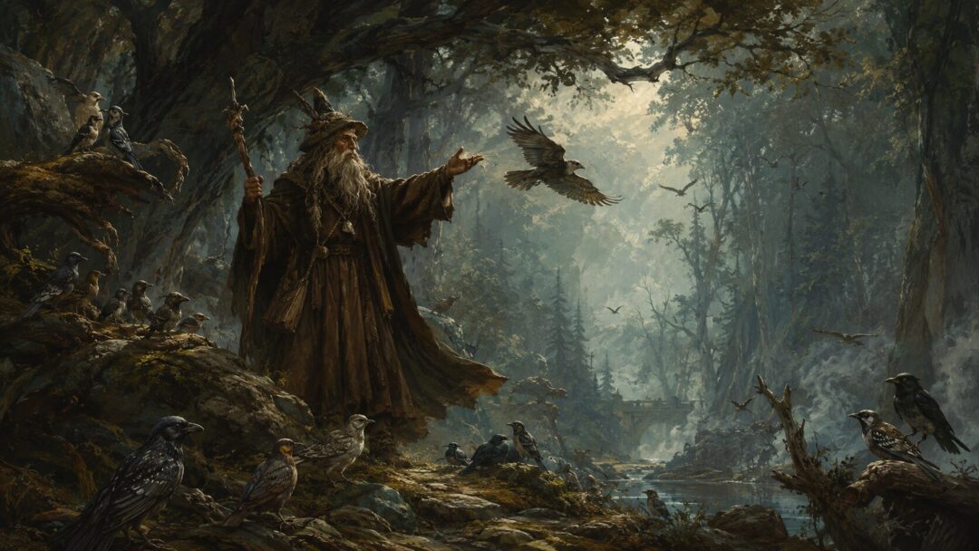 Radagast the Brown quietly sends birds out from the forest edge near Rhosgobel.