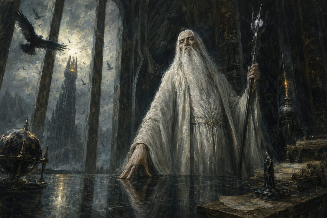 Radagast delivers Saruman’s urgent warning to Gandalf on a lonely road near Bree under a stormy evening sky.