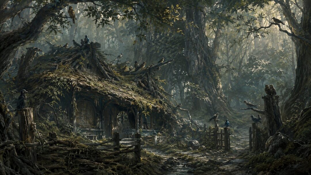 Radagast’s empty woodland dwelling stands near Mirkwood with birds gathered around it.