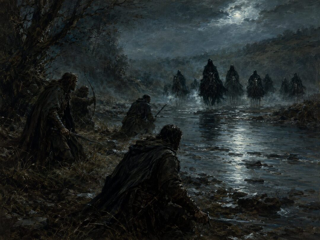 Dúnedain Rangers attempt to hold Sarn Ford at night as shadowy Black Riders approach through mist.
