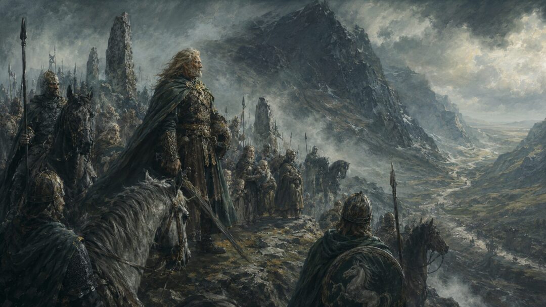 A red war-arrow from Gondor rests on a Rohirric table beside a helm, banner, and candle.