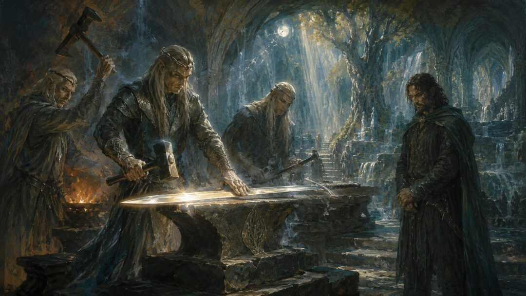 Elven smiths in Rivendell reforging Narsil into Andúril as Aragorn watches.