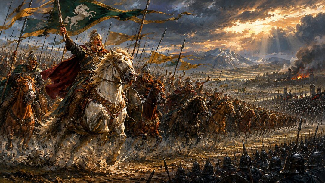 The Rohirrim charging across the Pelennor Fields in fierce joy despite overwhelming danger