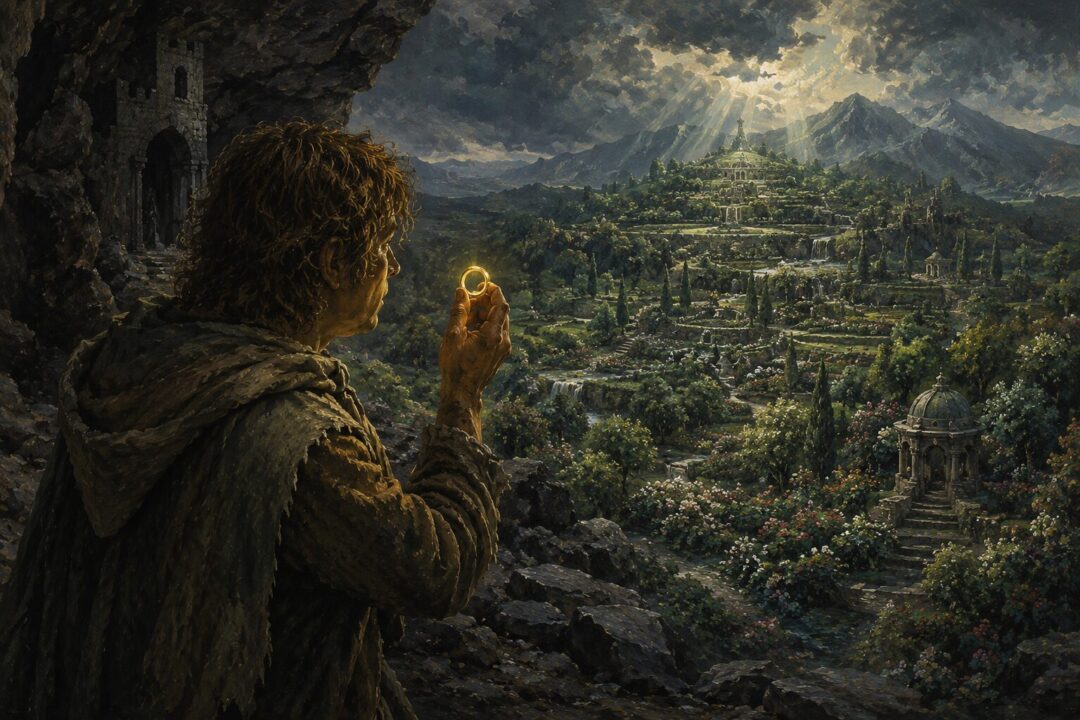 Frodo, Bilbo, Gandalf, Elrond, and Galadriel departing from the Grey Havens