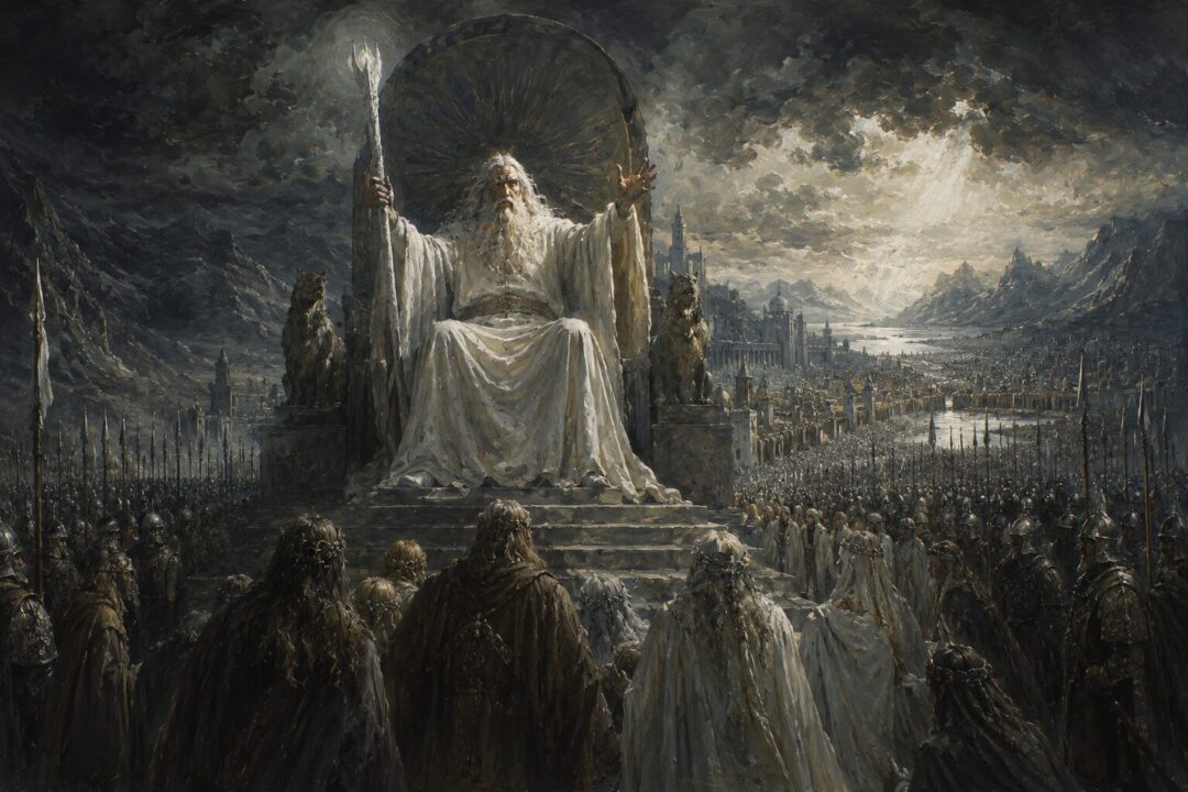 Allegorical vision of Gandalf transformed into a ruler using the One Ring for enforced order
