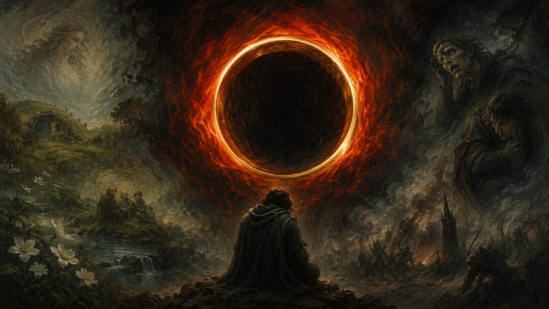 A plain gold ring appearing as a vast wheel of fire while green memories fade into darkness.