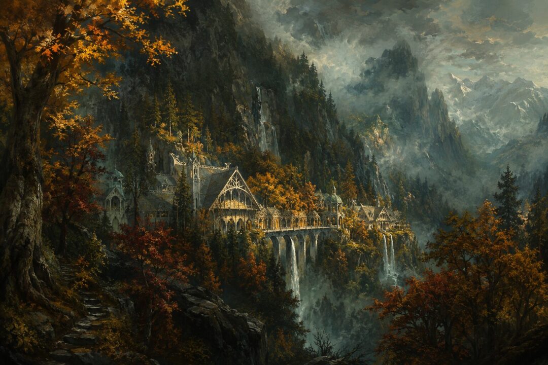 Hidden Rivendell nestled within a protected valley beneath the Misty Mountains