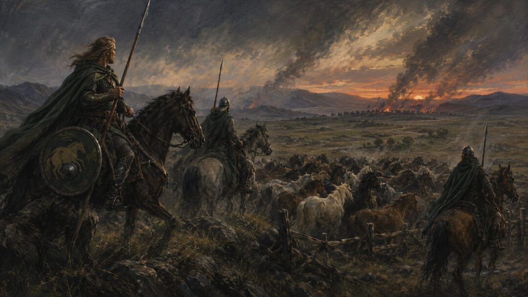 Rohan scouts guard horse-herds at dusk as enemy raiders threaten the pastures.