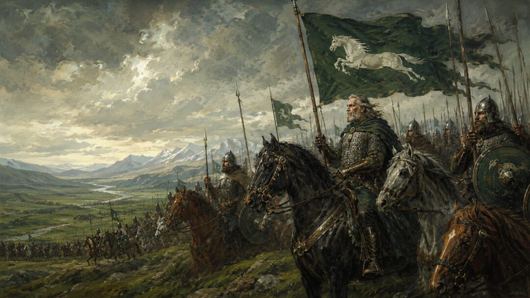 Riders of Rohan muster on a green plain beneath a white horse banner.