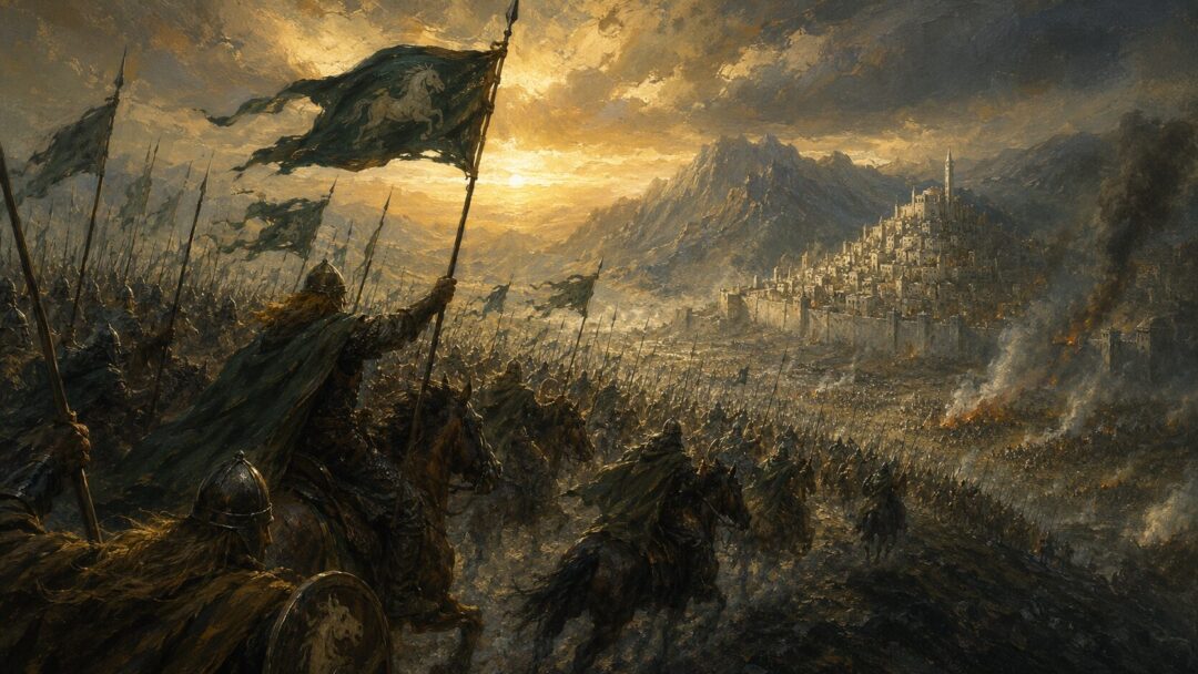 The Rohirrim crest a ridge at dawn before a distant besieged white city.
