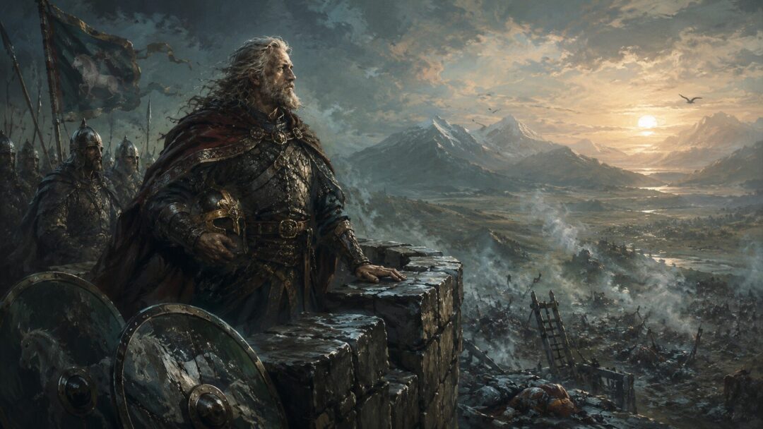 The Rohirrim gather with horses and spears at Dunharrow beneath the shadow of the mountain road.