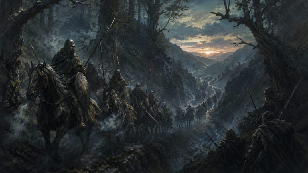 A column of Rohirrim rides through misty hidden forest paths on the way to Gondor.