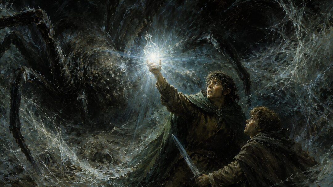 Sam holds the star-glass before the Watchers at the gate of Cirith Ungol.