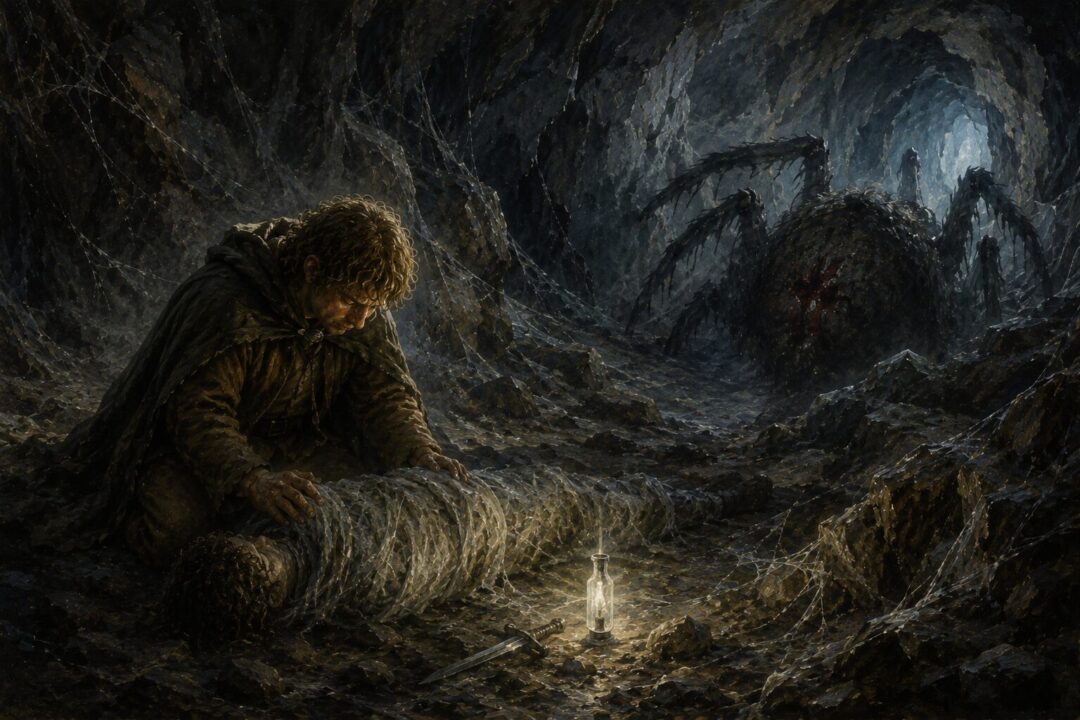 Sam kneels beside Frodo after Shelob’s attack while the wounded creature retreats into darkness.