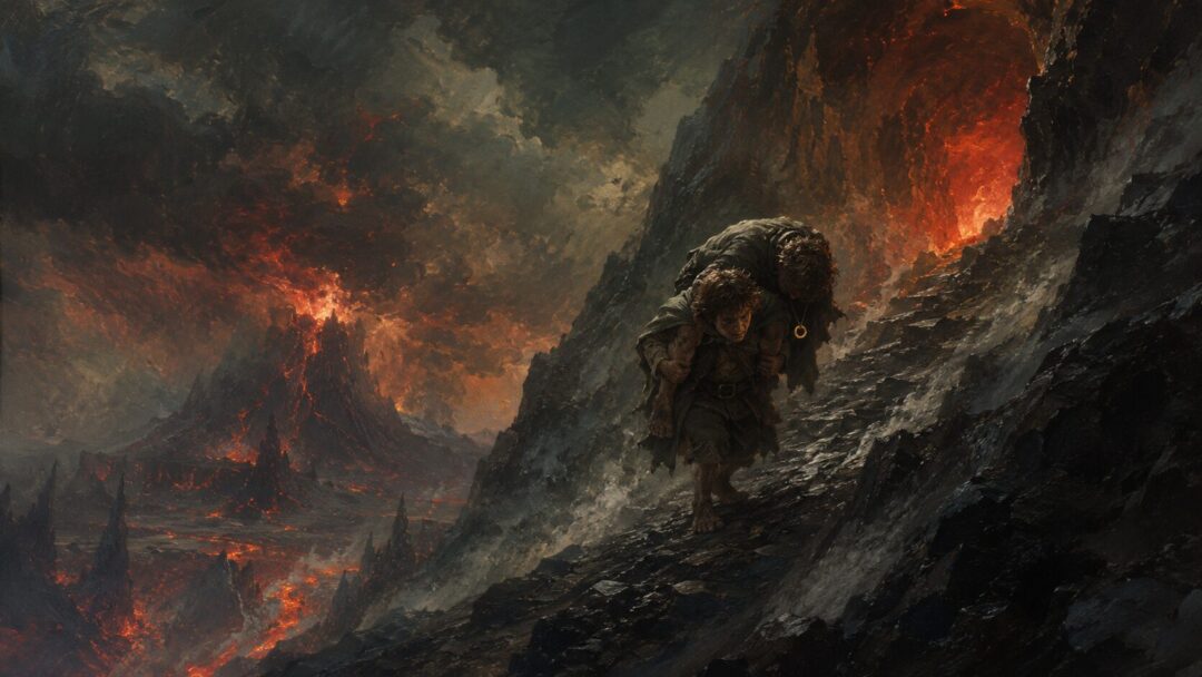 One exhausted hobbit-like traveler carrying another up the black slopes of Mount Doom under smoke and fire.