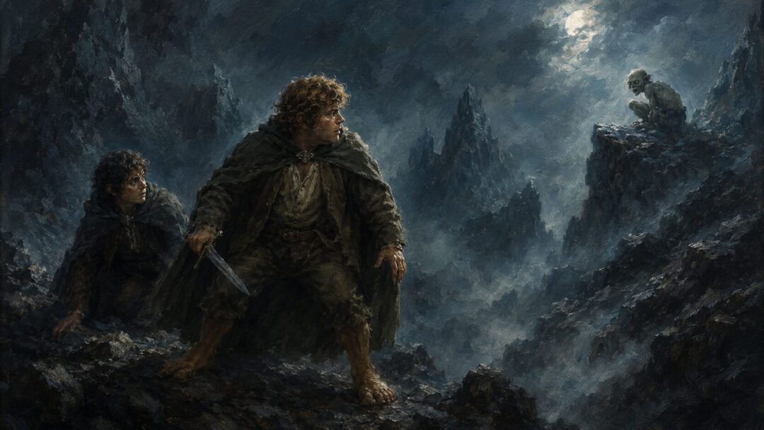 Sam guards Frodo from Gollum in the cold rocks of Emyn Muil, showing mistrust against mercy.