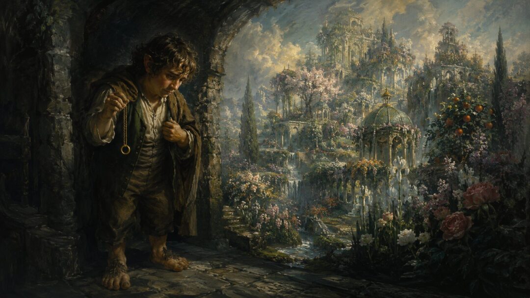 A humble hobbit-like gardener tempted by a false vision of a vast garden kingdom while holding the Ring.