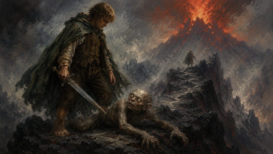 Sam lowers his sword and pities defeated Gollum on the slopes of Mount Doom.