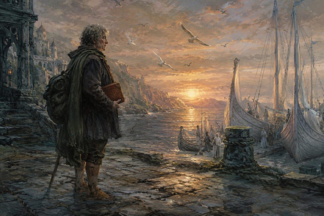 Elderly Samwise Gamgee preparing to sail from the Grey Havens at the end of his life