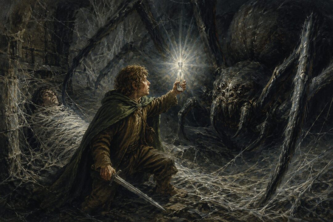 Samwise Gamgee defies Shelob with Sting and the Phial of Galadriel in the pass of Cirith Ungol.
