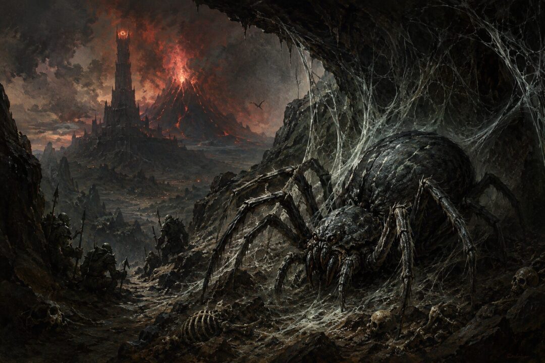 A small hobbit raises a star-like phial of light as Shelob recoils in her dark tunnel.