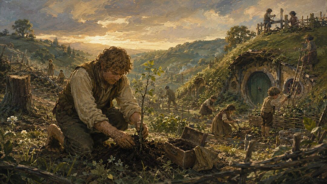 Samwise plants a young tree in the Shire as hobbits repair their homes after the Scouring.