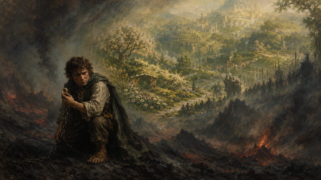 Hobbit gardener resisting a vision of Mordor transformed into a garden by the Ring