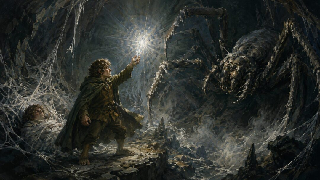 A small hobbit-like gardener raises a shining star-glass as Shelob recoils in a dark cavern.