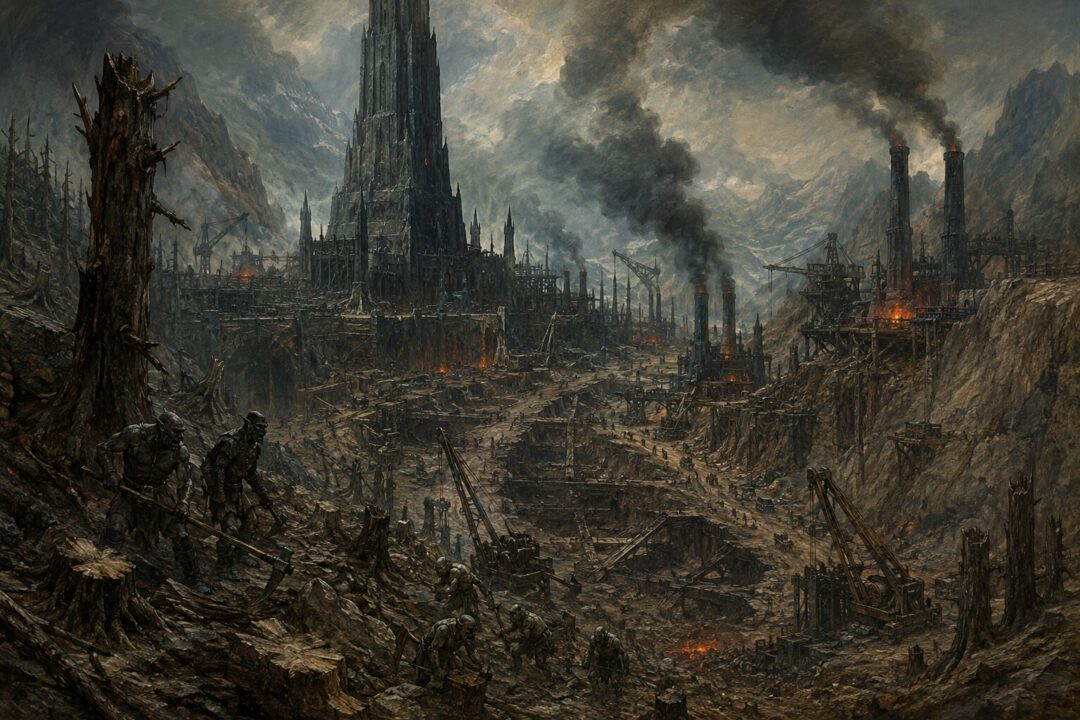 Isengard transformed into a smoking industrial fortress beneath Orthanc with furnaces and destroyed forests
