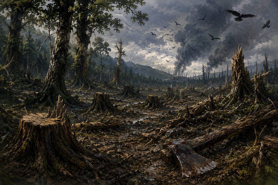 Saruman’s Isengard appears as a smoky fortress of pits, wheels, furnaces, and felled timber.