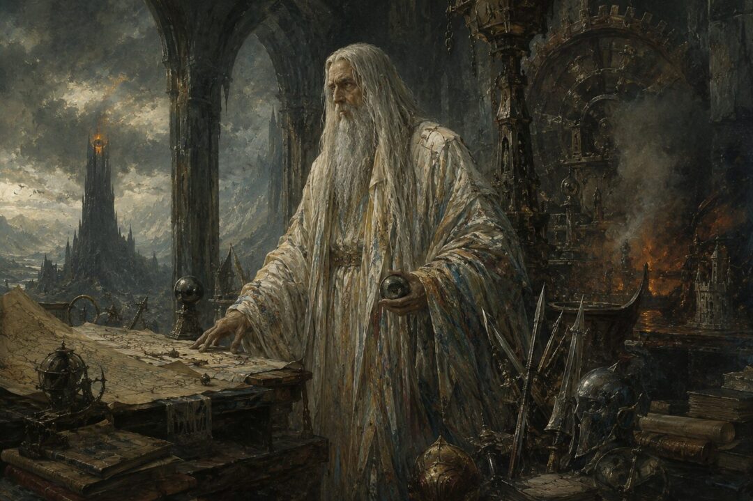 Saruman stands in a high tower surrounded by maps, smoke, wheels, and weapons as his wisdom turns toward power.