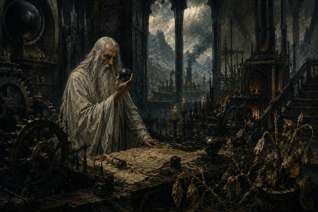 Saruman in Orthanc surrounded by machinery and war plans while nature withers around him