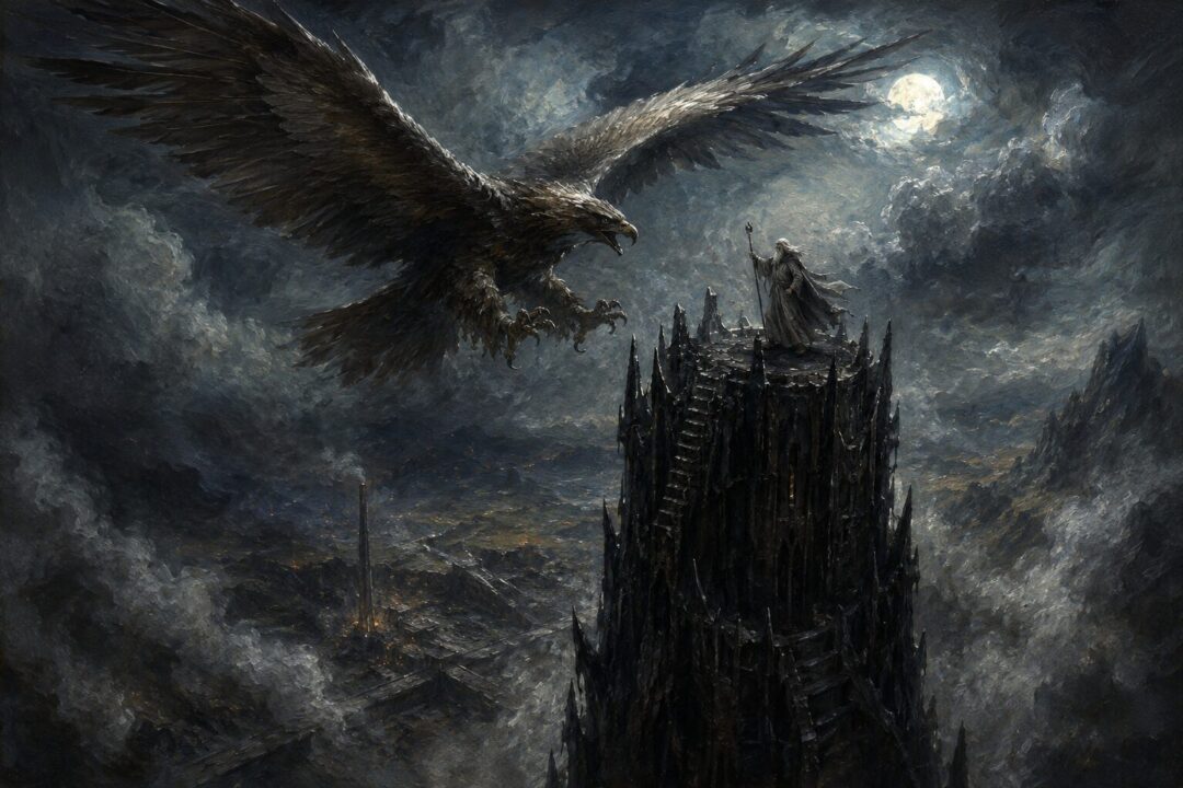 Saruman stands in a cold chamber of Orthanc as shadowed birds circle outside, suggesting his manipulation of Radagast.