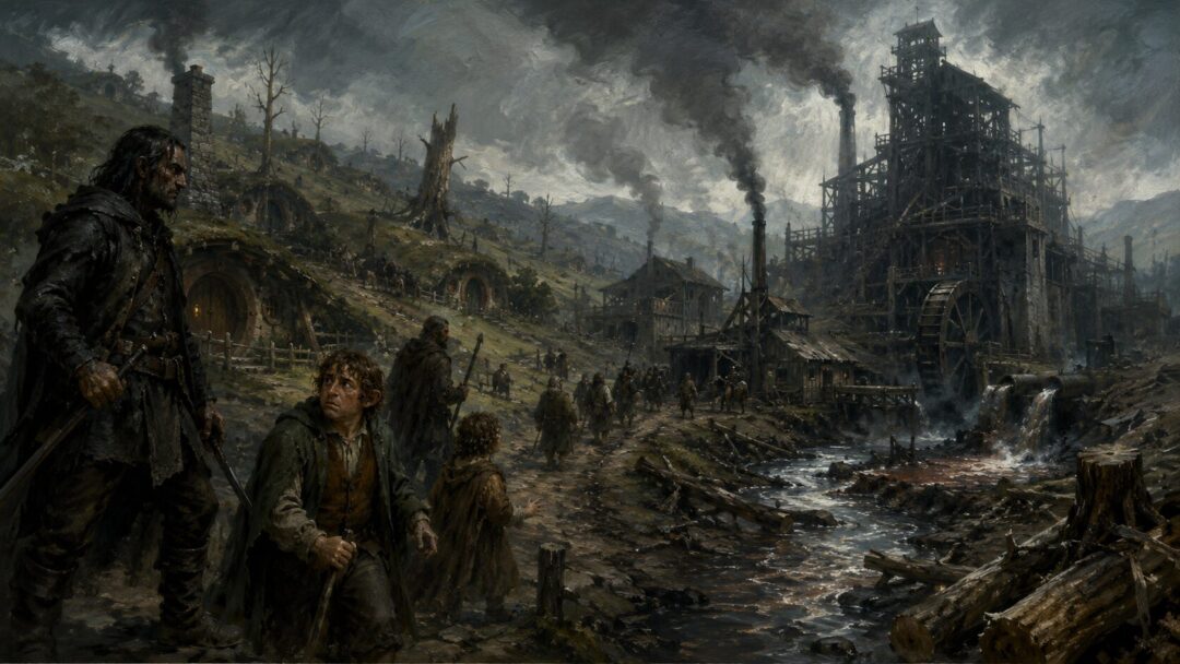 Hobbiton under Saruman’s rule with smoke, felled trees, ugly buildings, and a polluted mill.
